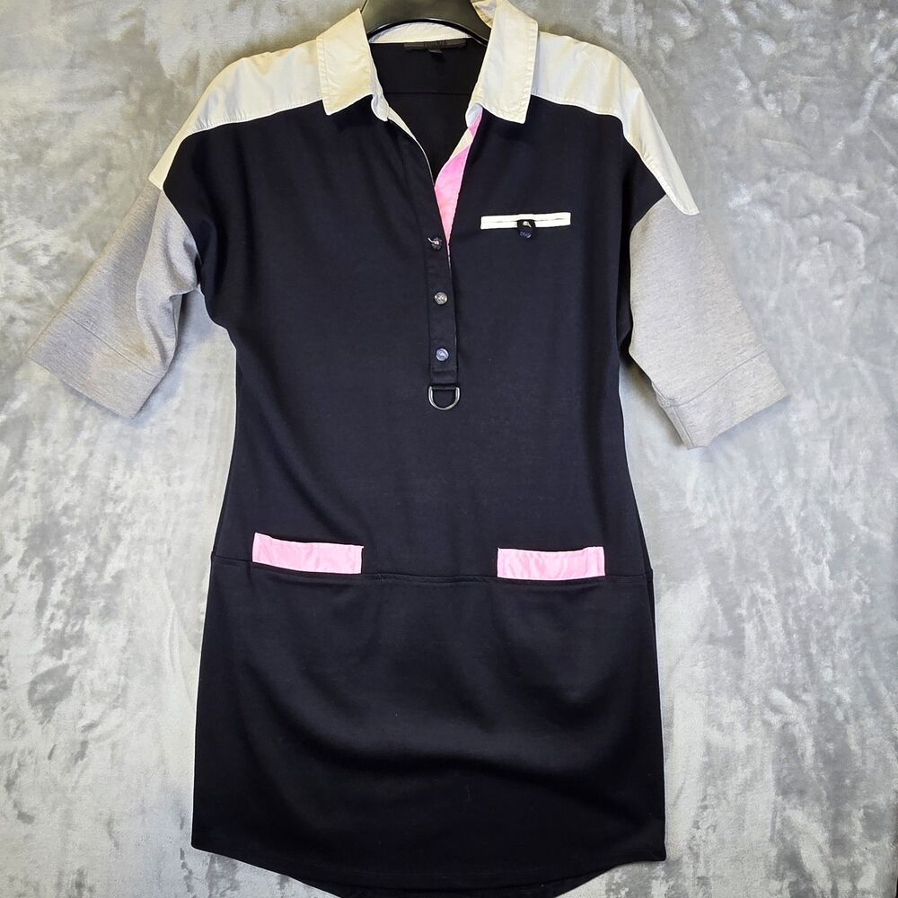 Forenza Polo Shirt Dress M Black White Gray Pink Colorblock Stretch Pockets Y2K